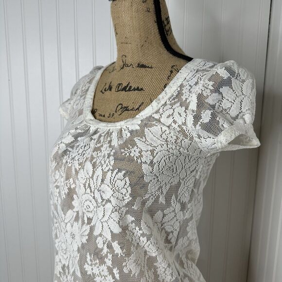 Studio Y Mesh Floral Sheer Top Sz S Keyhole Back Puff Sleeve Feminine Coquette - Picture 2 of 13